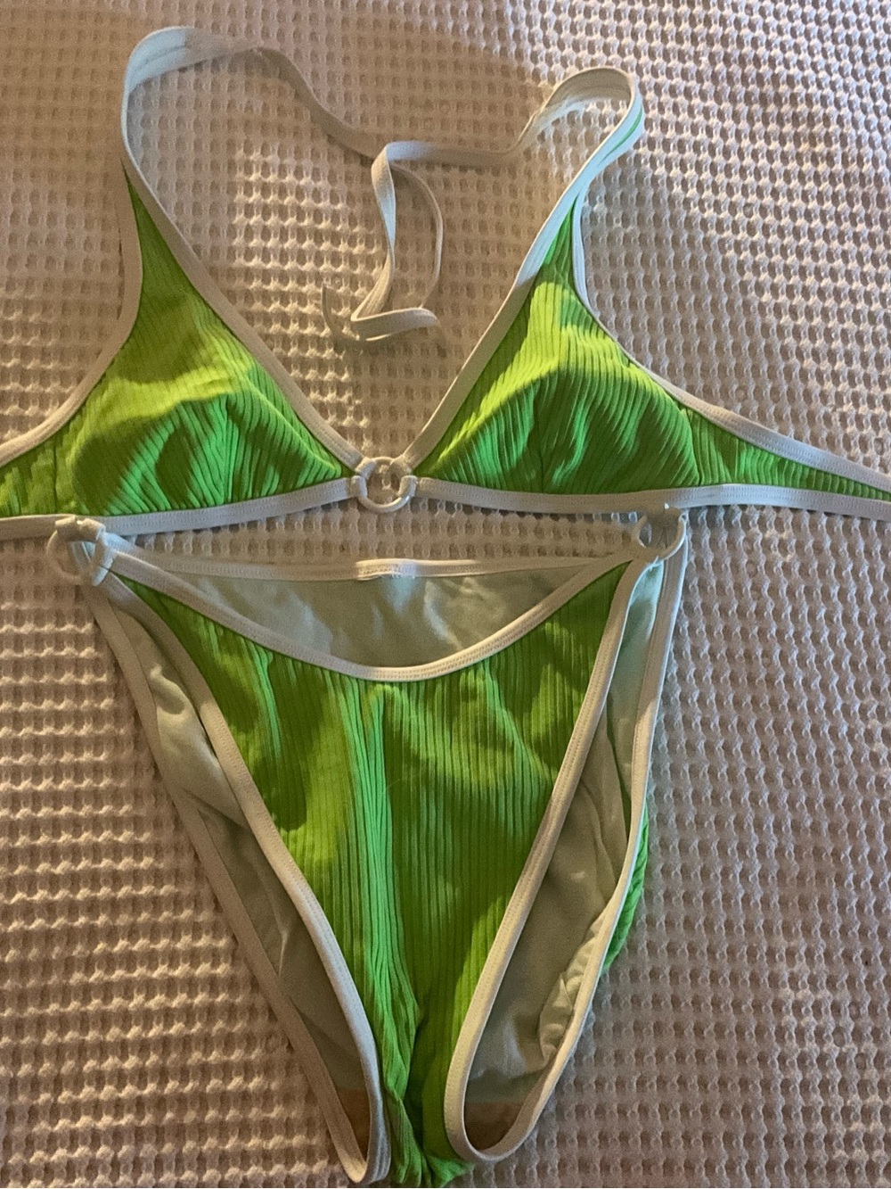 Neon Lime Green Ribbed Bikini Set with White Trim